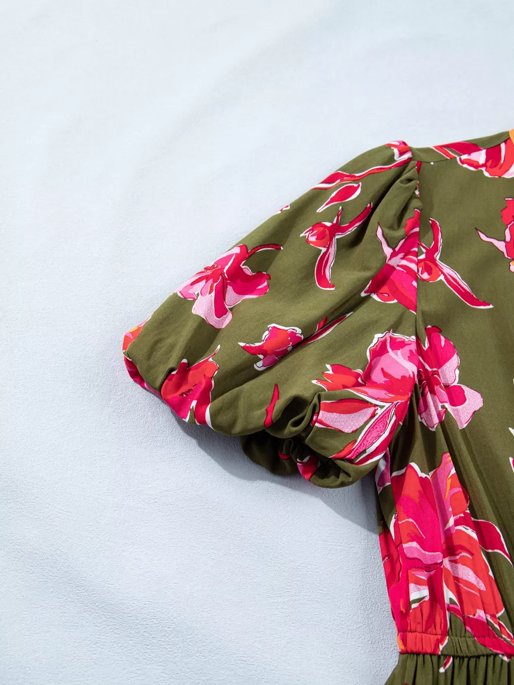 Floral Print Split Neck Short Puff Sleeve Ruffle Hem Dress, image 10