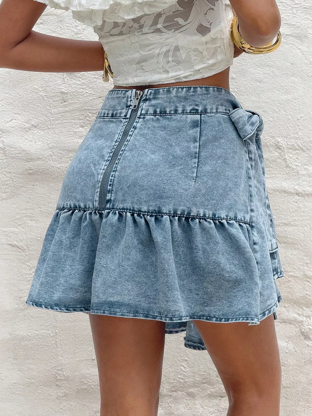 Ruffled Hem High Waist Bow Tie Denim Skirt, image 4