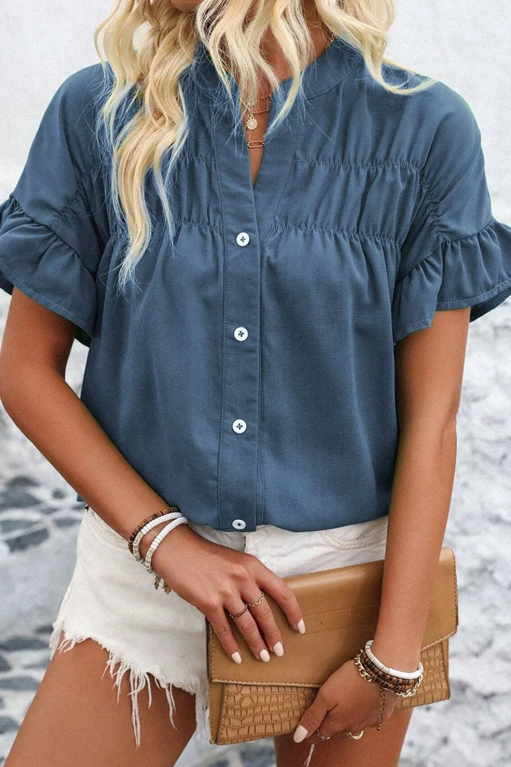 Ruffled Ruched Short Sleeve Button Down Shirt, image 9