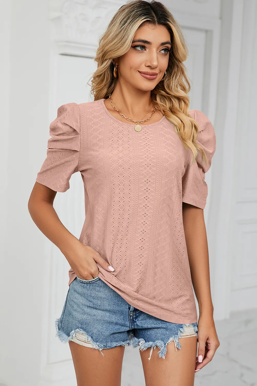 Eyelet Round Neck Puff Sleeve T-Shirt, image 13