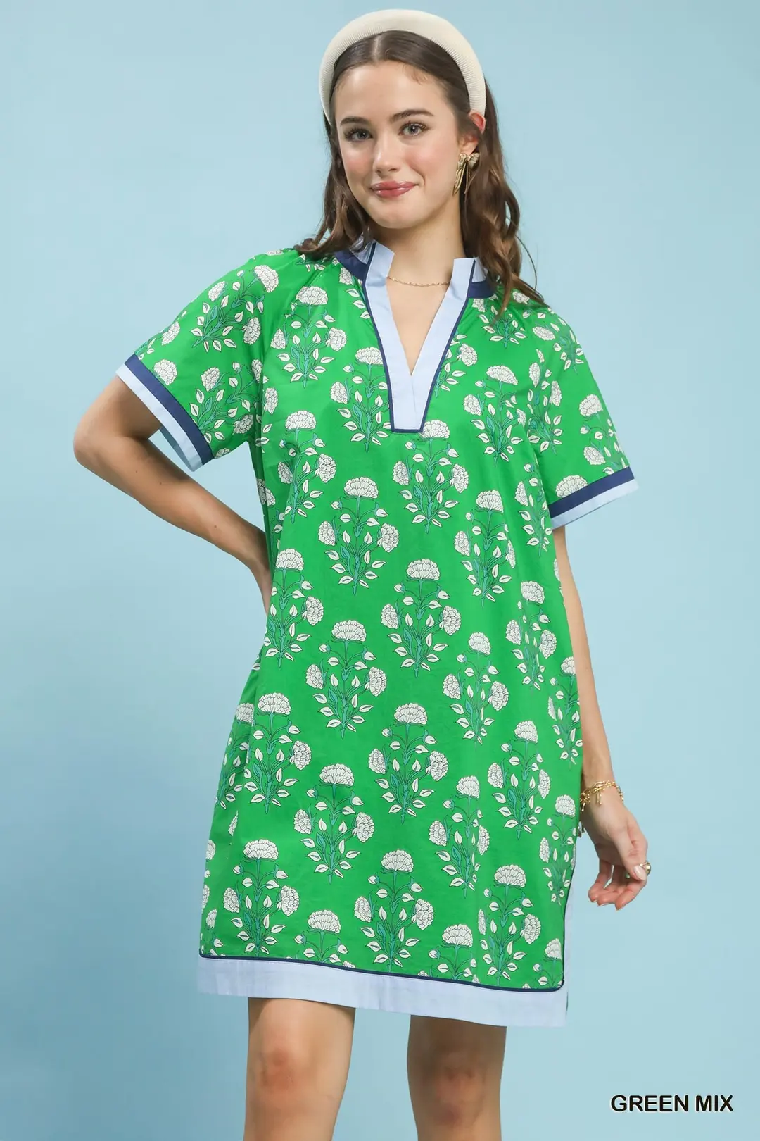Printed Split Neck Short Sleeve Shift Dress, image 2