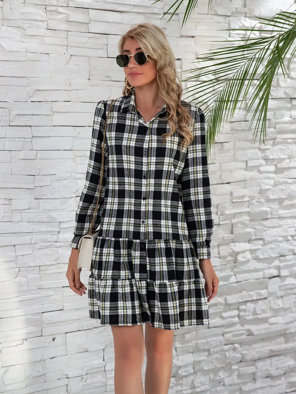 Ruffle Hem Plaid Button Down Long Sleeve Dress, image 9