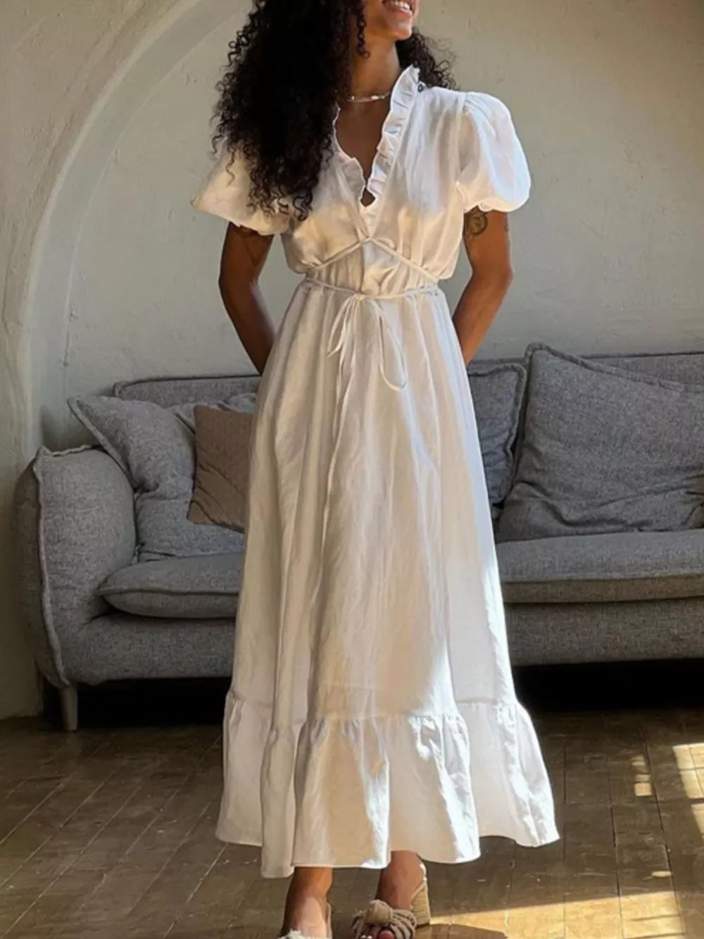 Tie Waist Puff Sleeve Maxi Dress, image 2