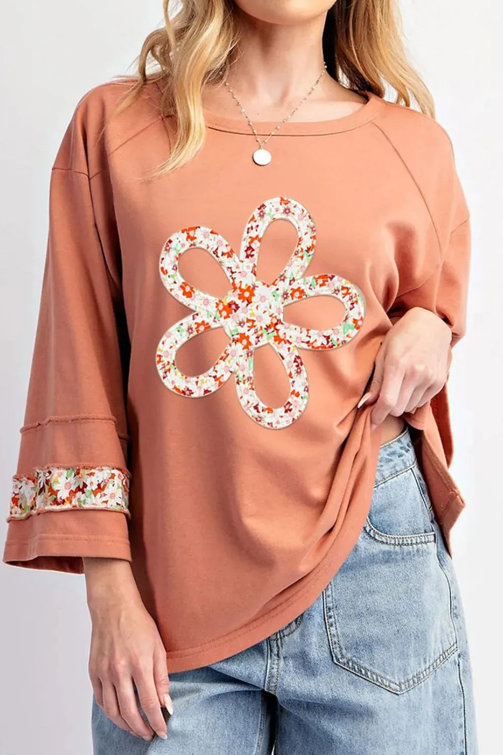 Exposed Seam Slit Floral Round Neck Blouse, image 5