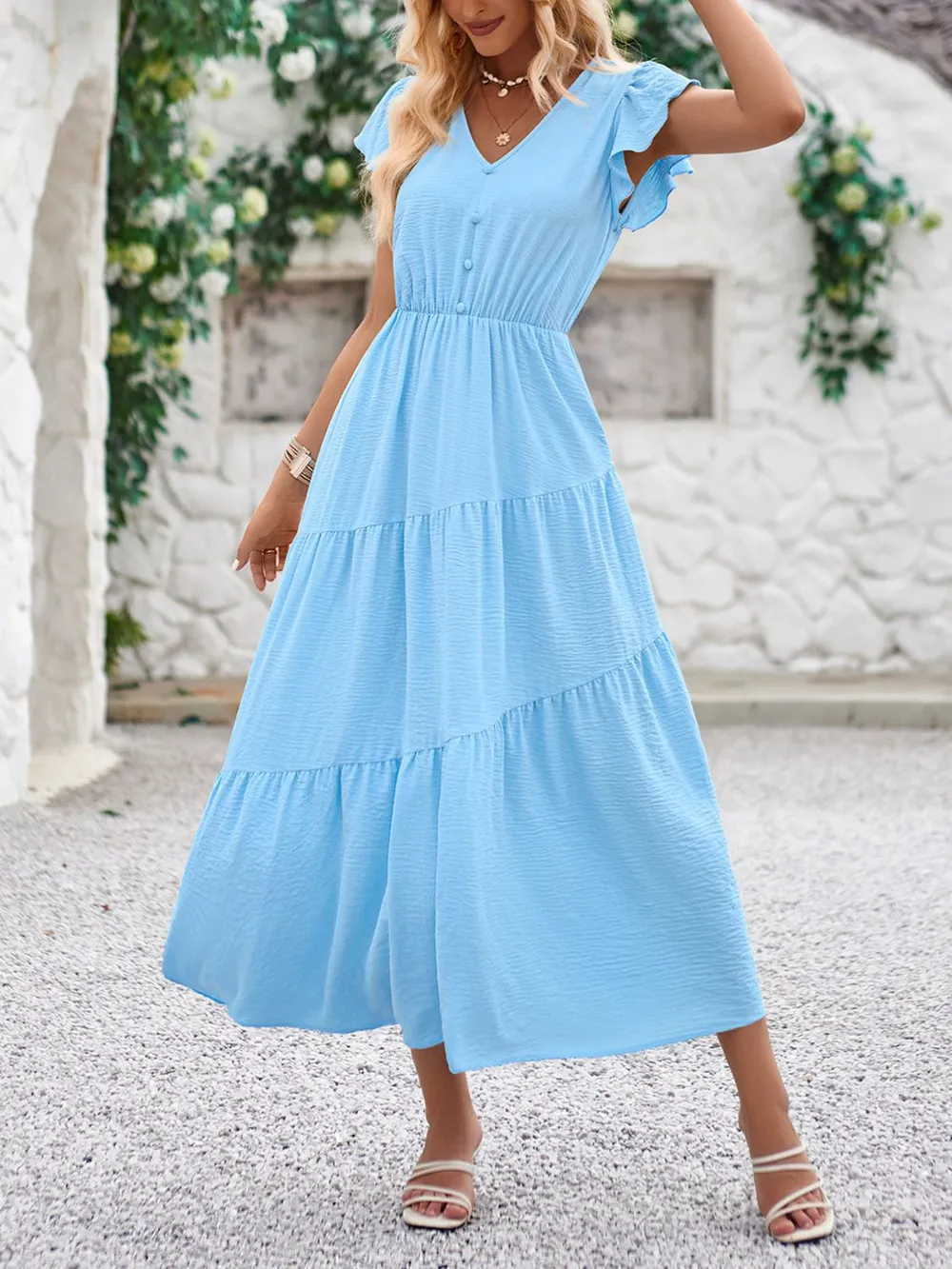 V-Neck Ruffle Sleeve Dress, image 9