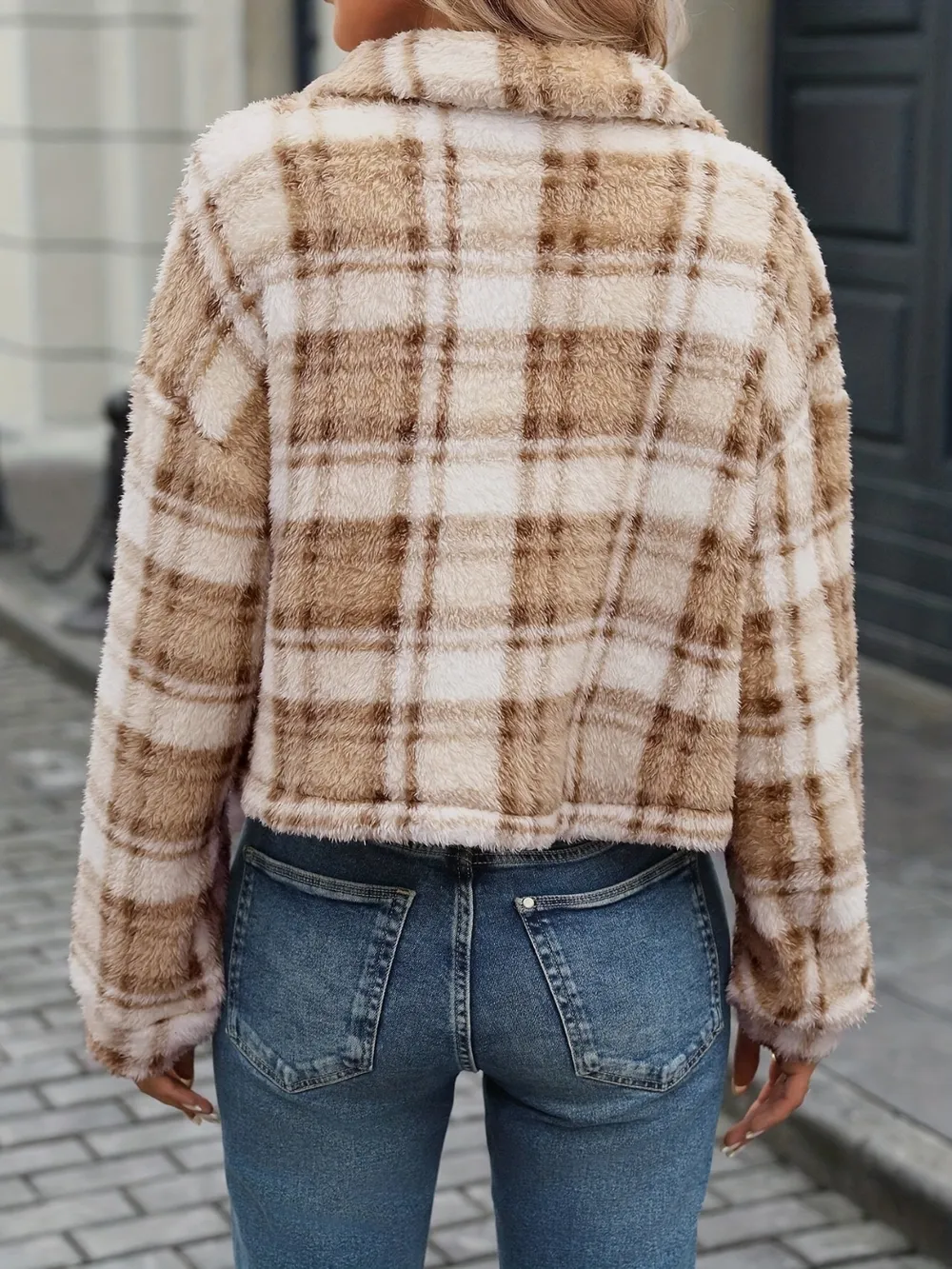 Plaid Button Up Collared Neck Long Sleeve Jacket, image 2