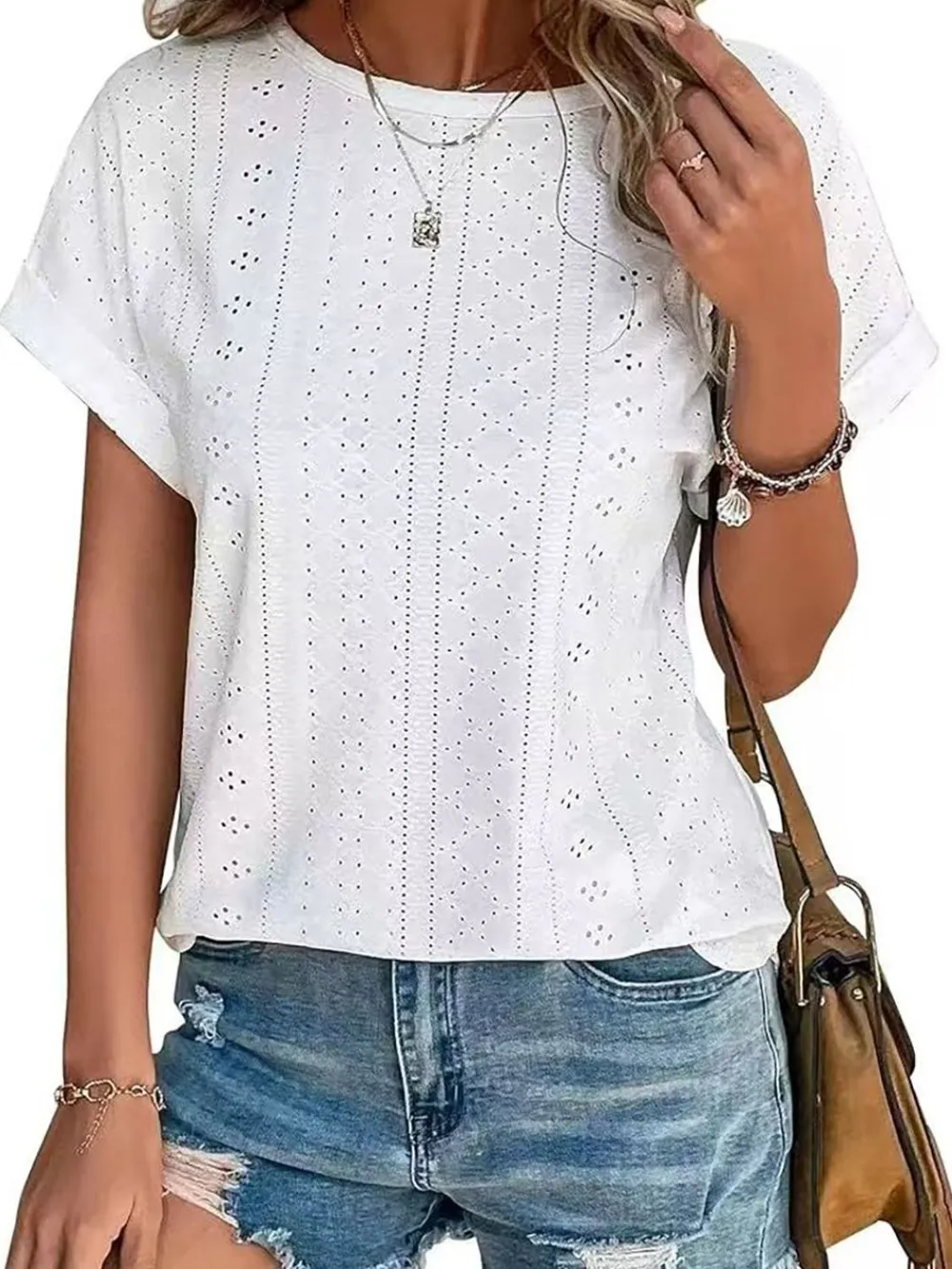 Eyelet Round Neck Short Sleeve T-Shirt, image 9