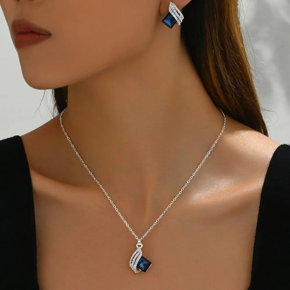 Stainless Steel Crystal Geometric Earrings and Necklace Jewelry Set, image 3