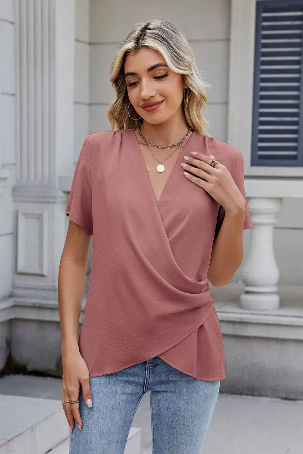 Solid Color Surplice Short Sleeve Blouse, image 2