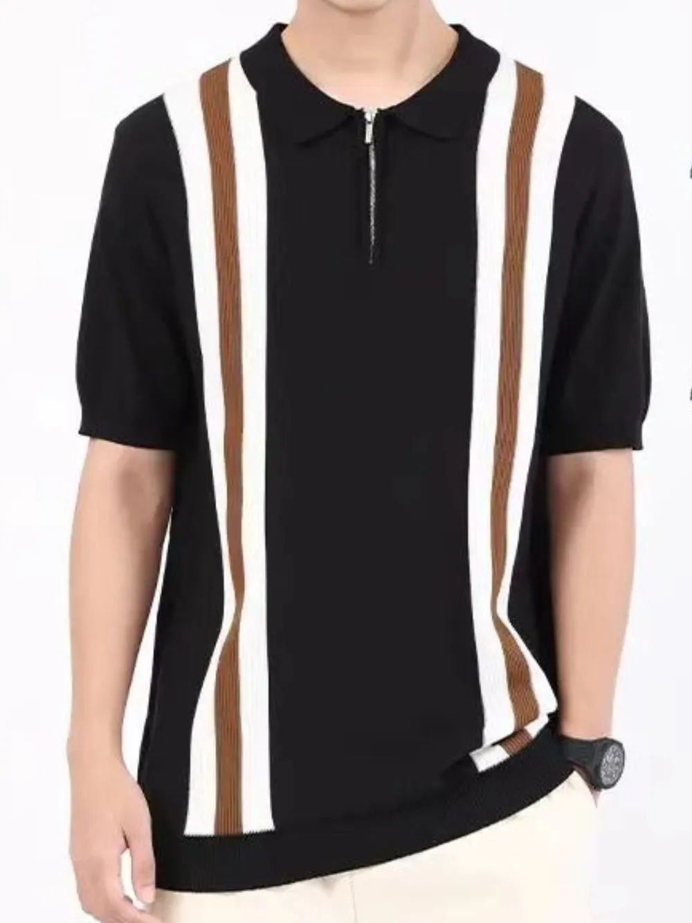 Men's Full Size Contrast Zip Collar Short Sleeve Knit Polo Plus Size