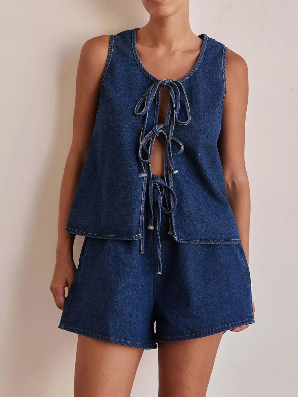 Tie Front Vest and Shorts Denim Set, image 3