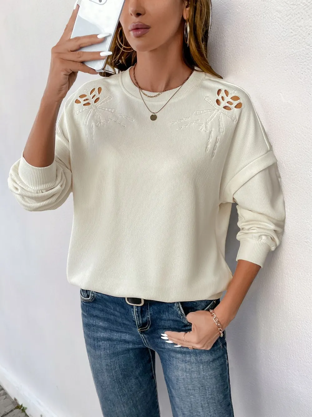 Cutout Round Neck Long Sleeve Sweatshirt, image 6