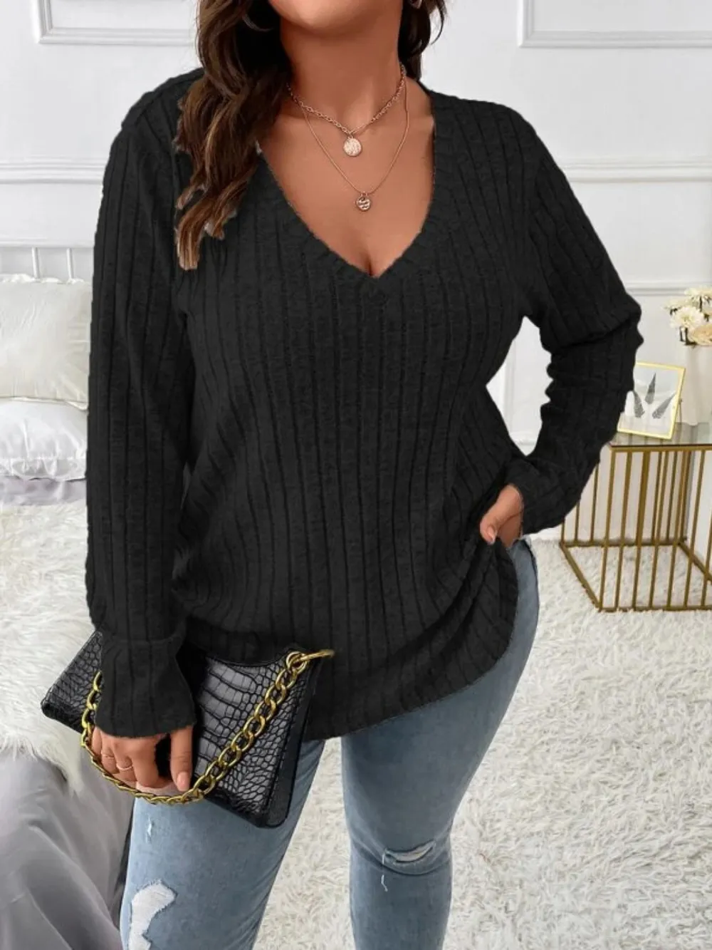 Plus Size V-Neck Long Sleeve T-Shirt, image 9
