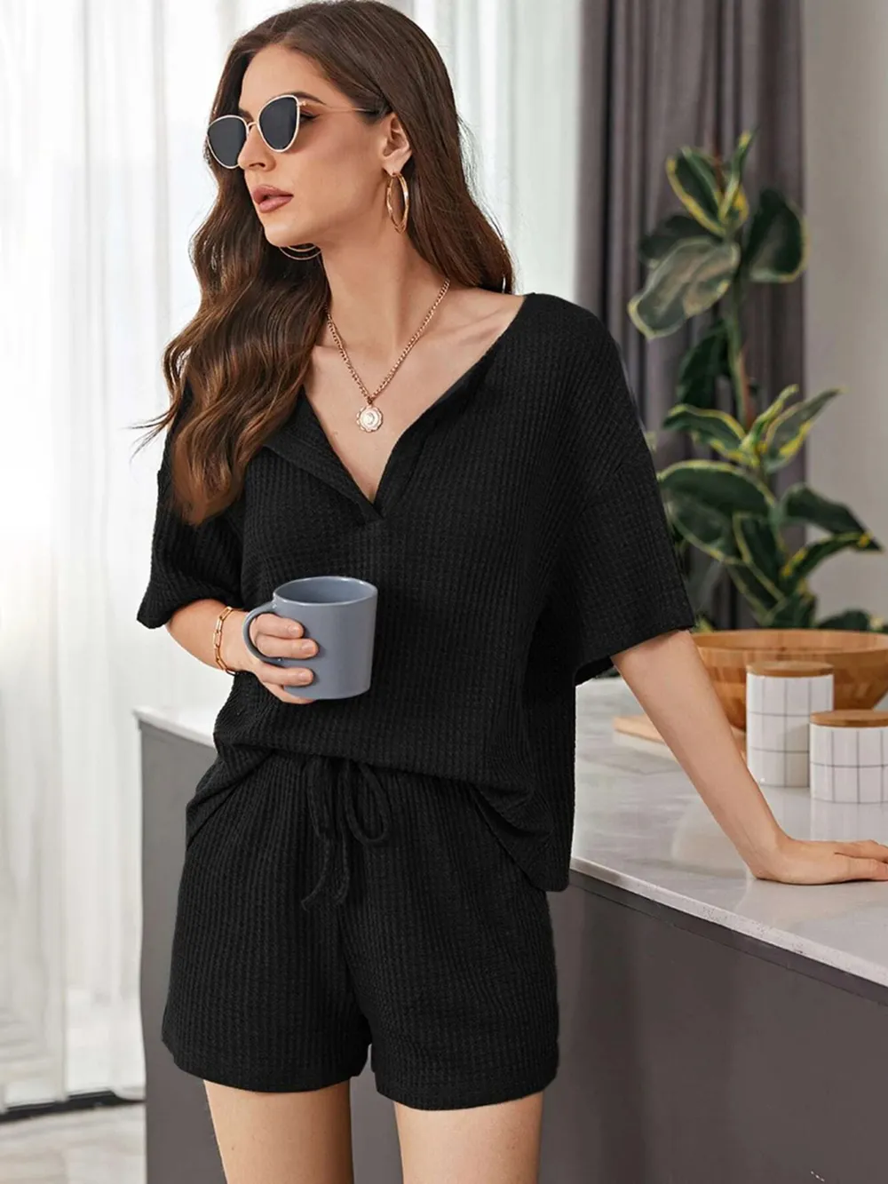 Full Size Waffle-Knit Dropped Shoulder Top and Shorts Set, image 6