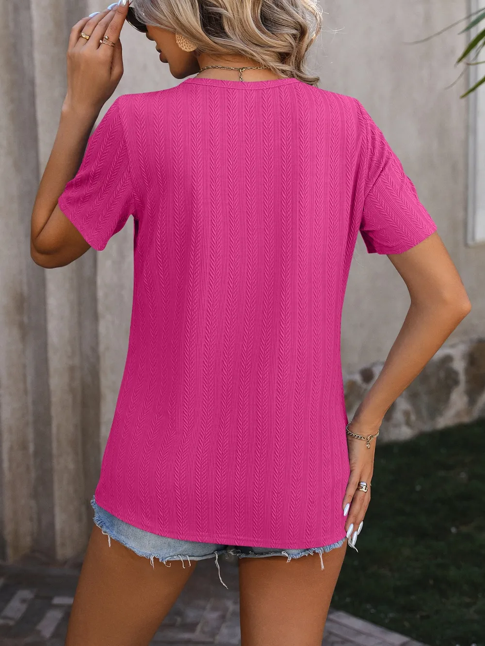 Decorative Button Round Neck Short Sleeve Blouse, image 20