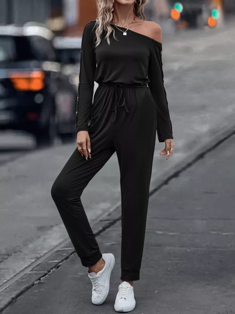 One Shoulder Long Sleeve Jumpsuit