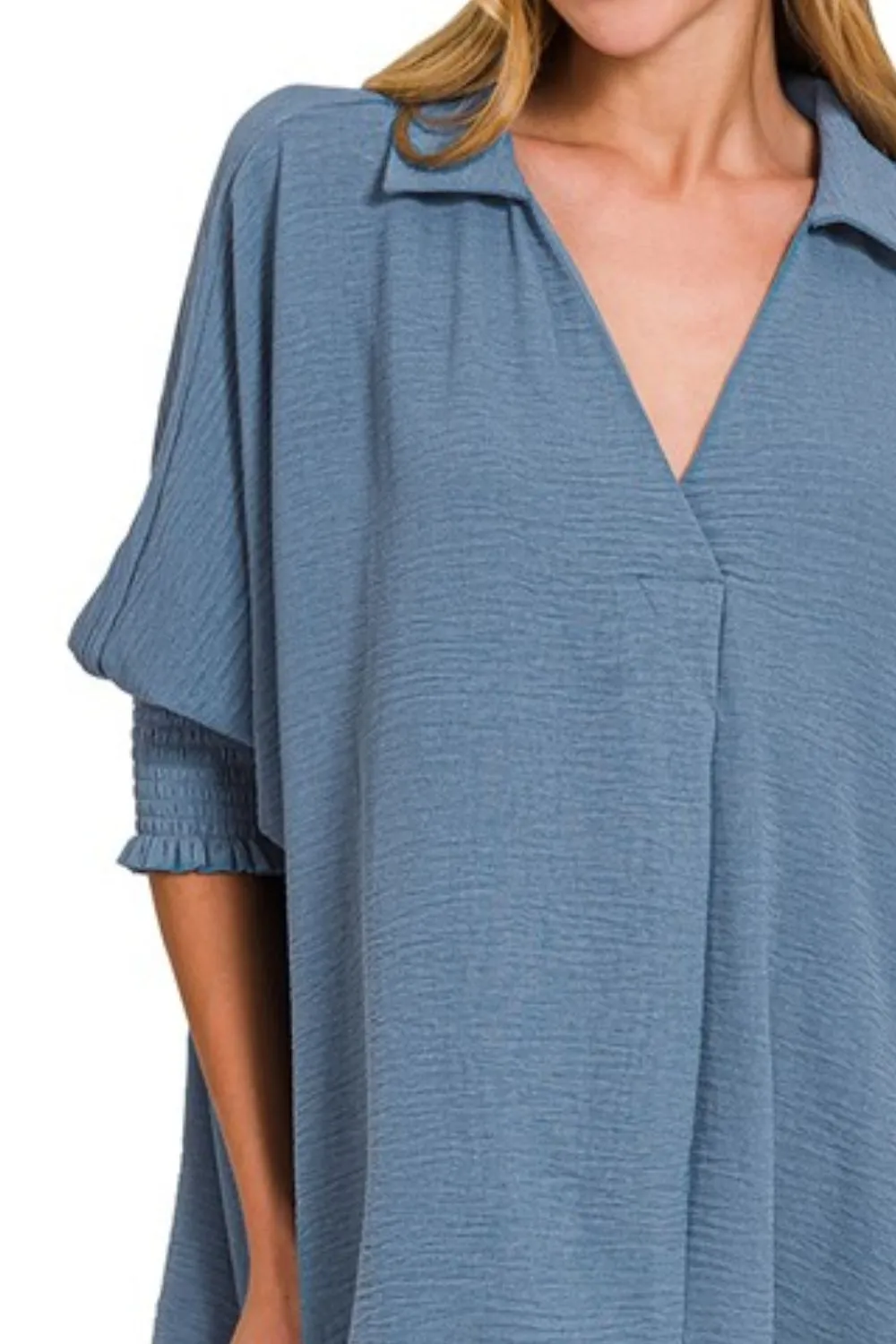 Airflow Collar Tee with Smocked Sleeve Band Top, image 3