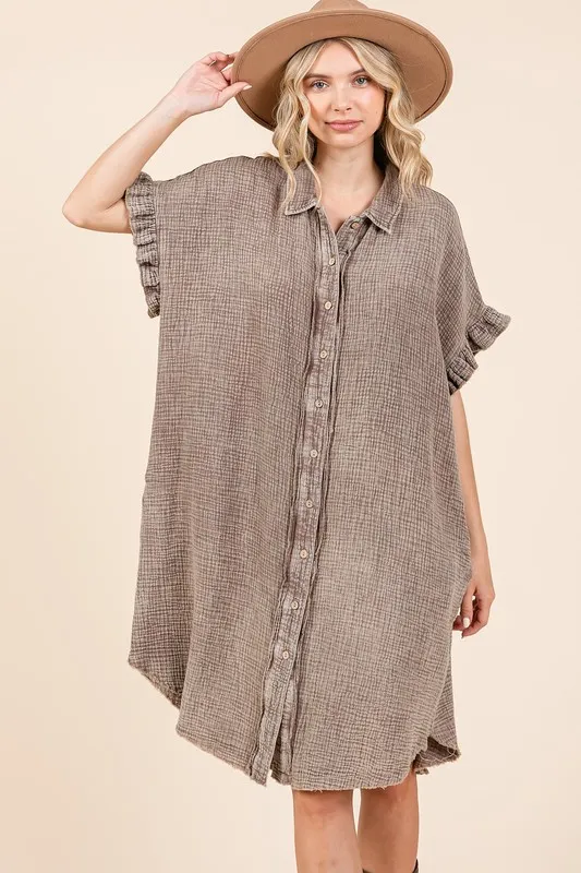 Mineral Wash Cotton Gauze Mini Shirt Dress, image 2