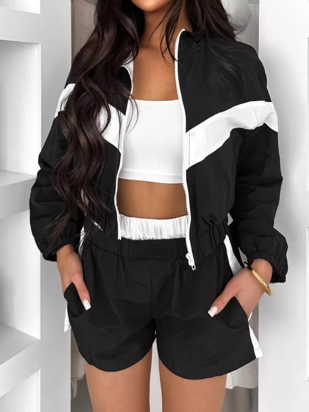 Color Block Zip-Up Jacket and Shorts Two-Piece Set, image 2