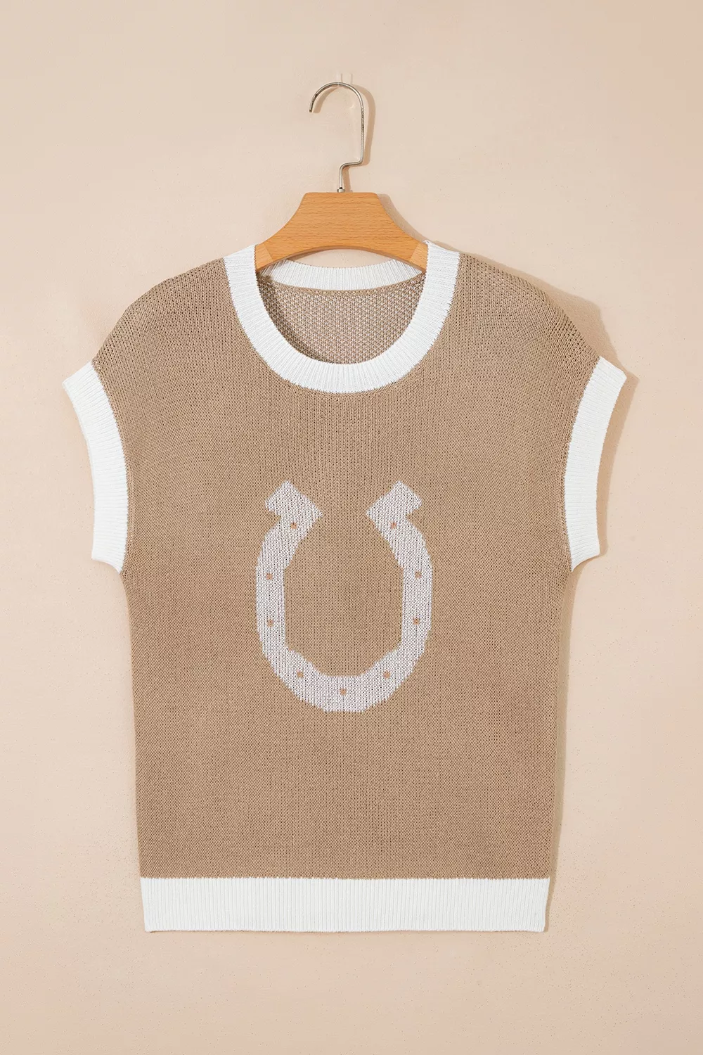 Horse Shoe Pattern Contrast Trim Short Sleeve Sweater, image 5