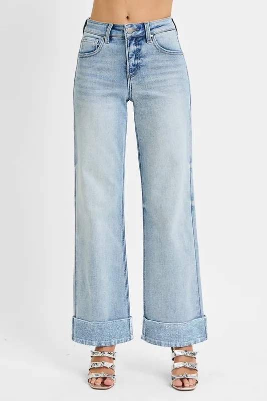 Full Size Tummy Control High Rise Ankle Wide Cuffed Jeans Plus Size