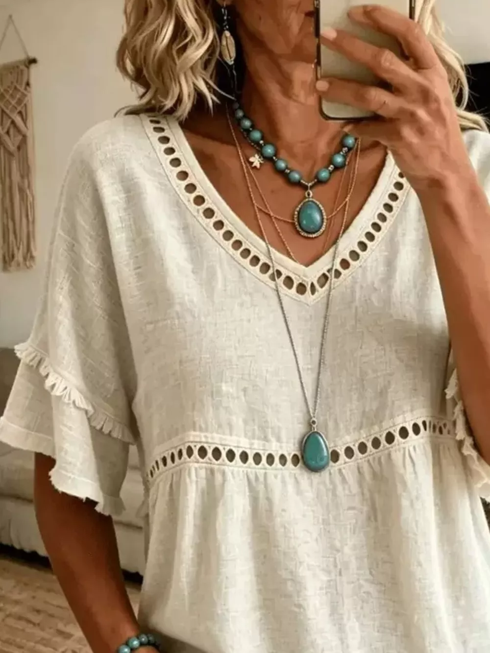 Eyelet V-Neck Frayed Edge T-Shirt, image 6