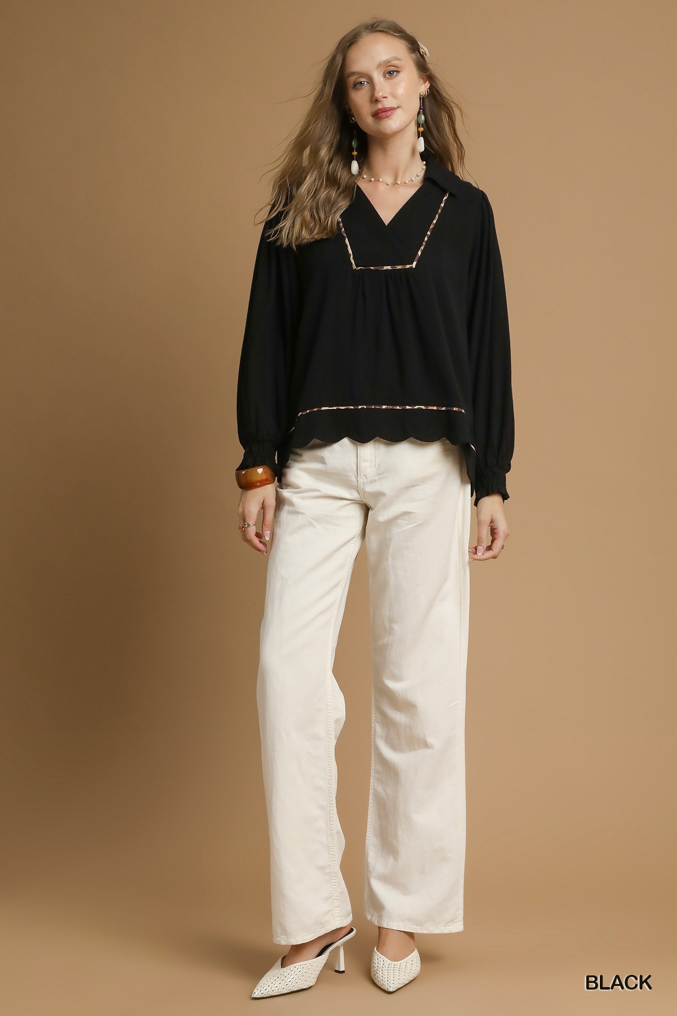 Full Size Linen Scallop Hem Blouse with Contrast Trim Plus Size, image 5