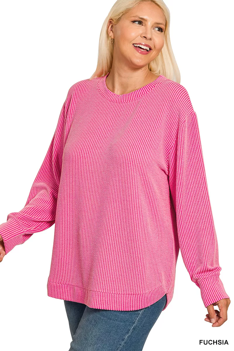 Full Size Raised Rib Round Neck Long Sleeve Top Plus Size, image 4