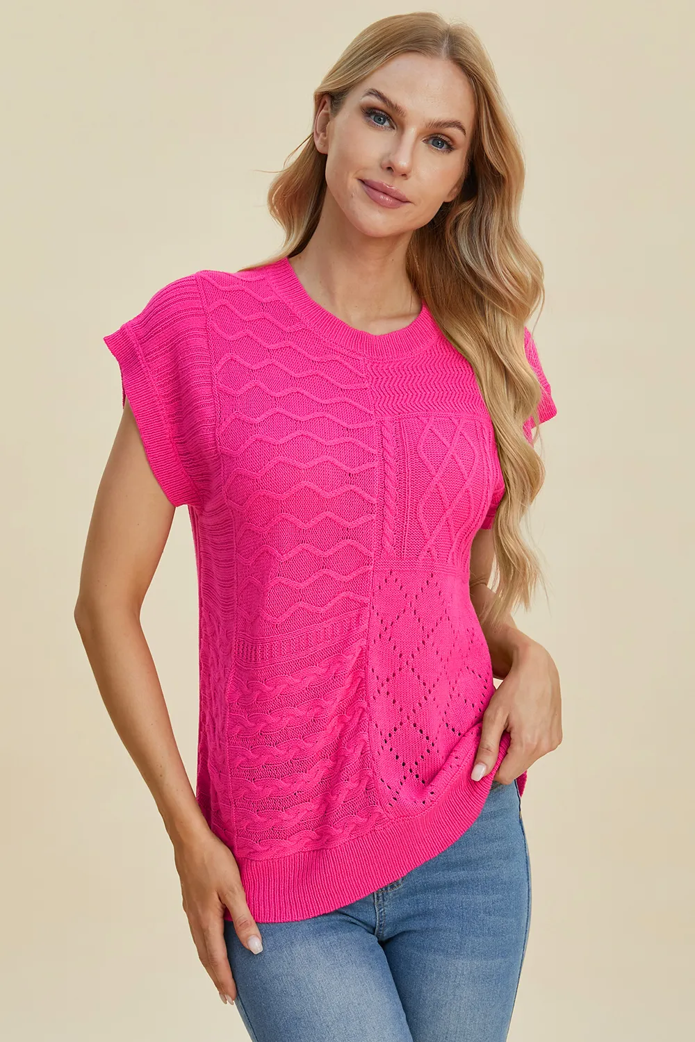 Full Size Cable-Knit Round Neck Cap Sleeve Sweater, image 19