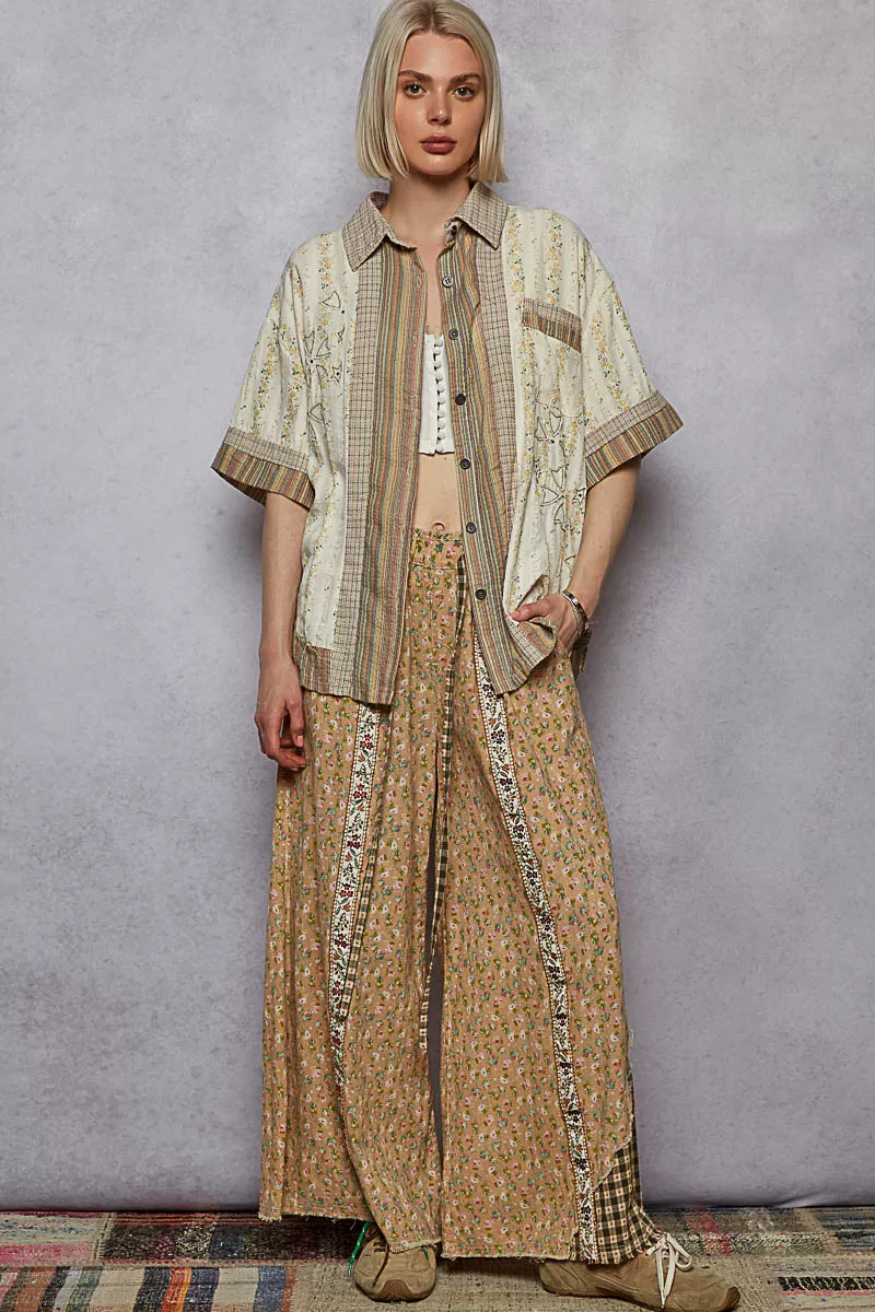 Printed Button Down Patchwork Short Sleeve Shirt, image 3