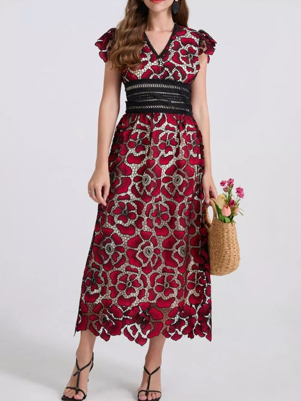 Printed V-Neck Ruffle Sleeve Midi Dress, image 17