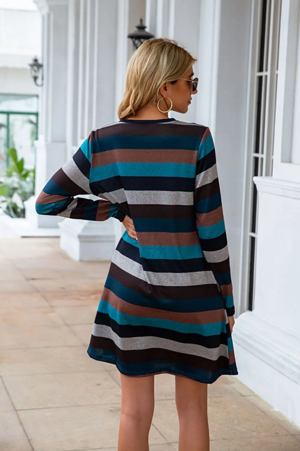 Striped Round Neck Long Sleeve Dress, image 8