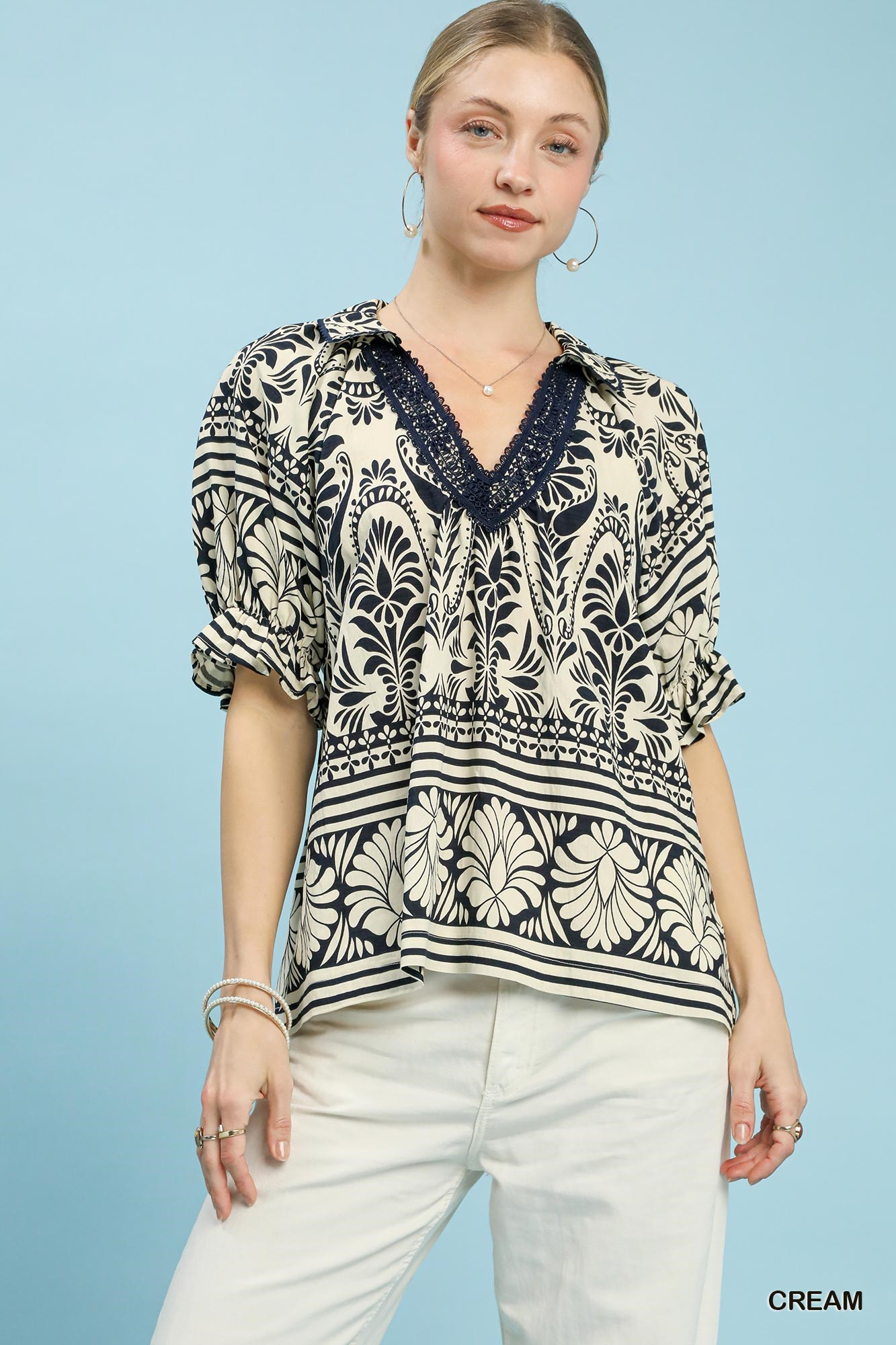 Two Tone Boarder Print Top