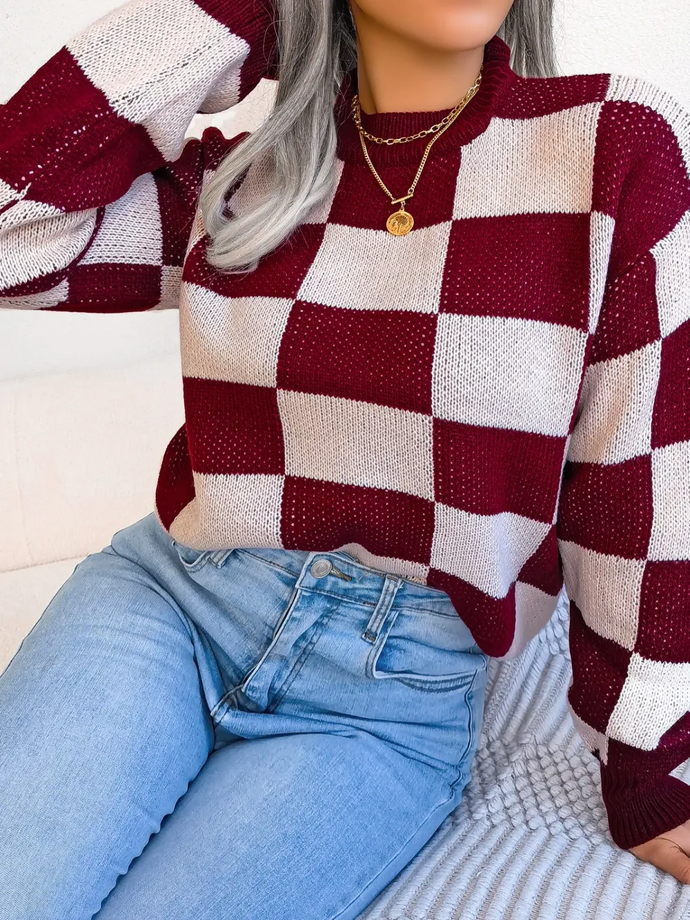 Checkered Mock Neck Long Sleeve Sweater, image 17