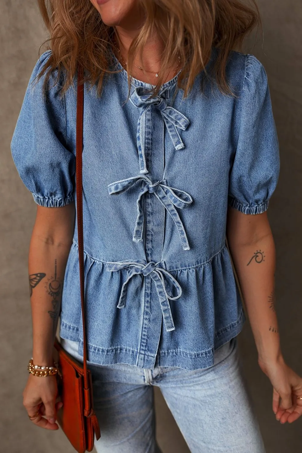 Tied Front Puff Sleeve Peplum Denim Shirt, image 7