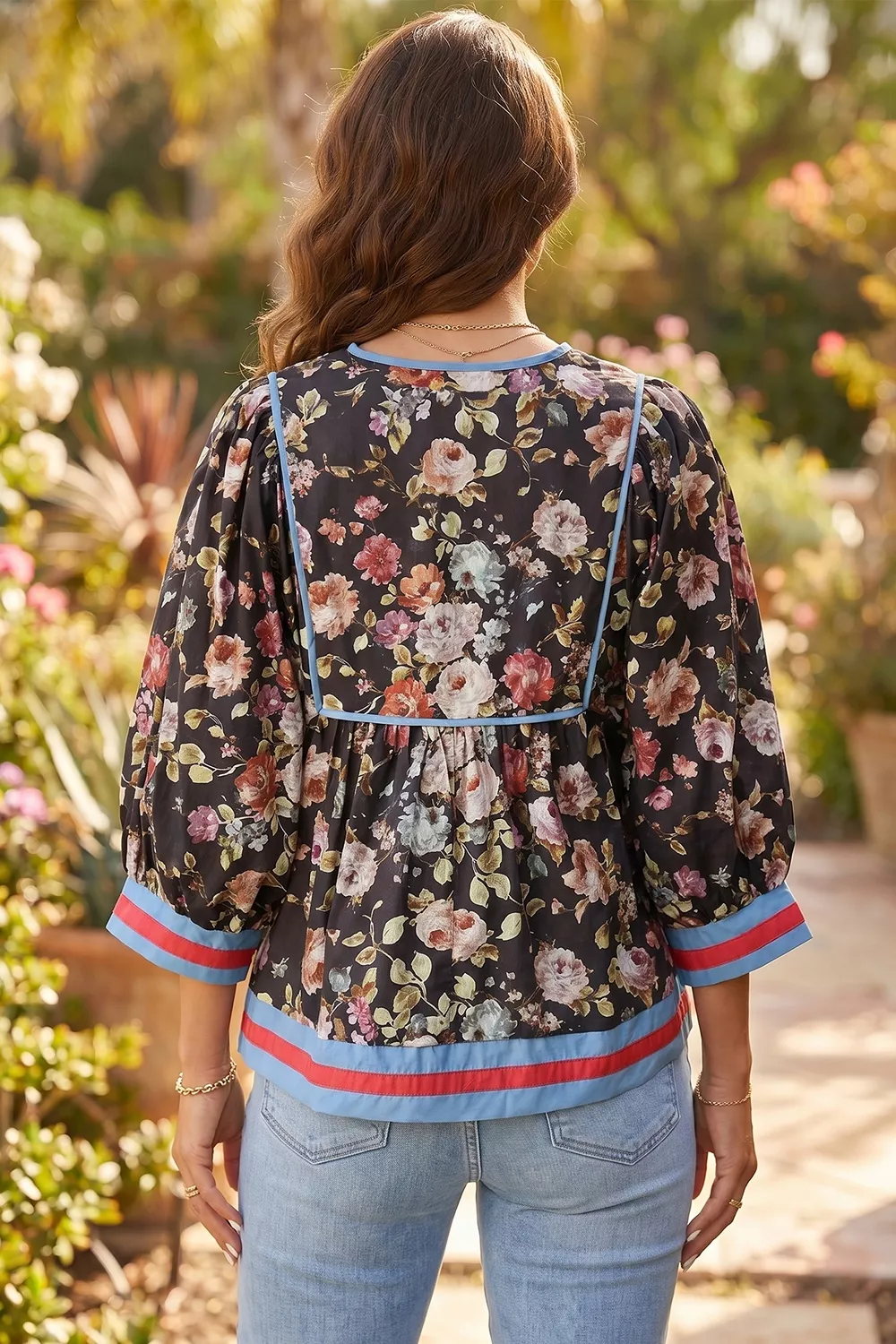 Floral Print Contrast Trim Tie V Neck Blouse, image 4