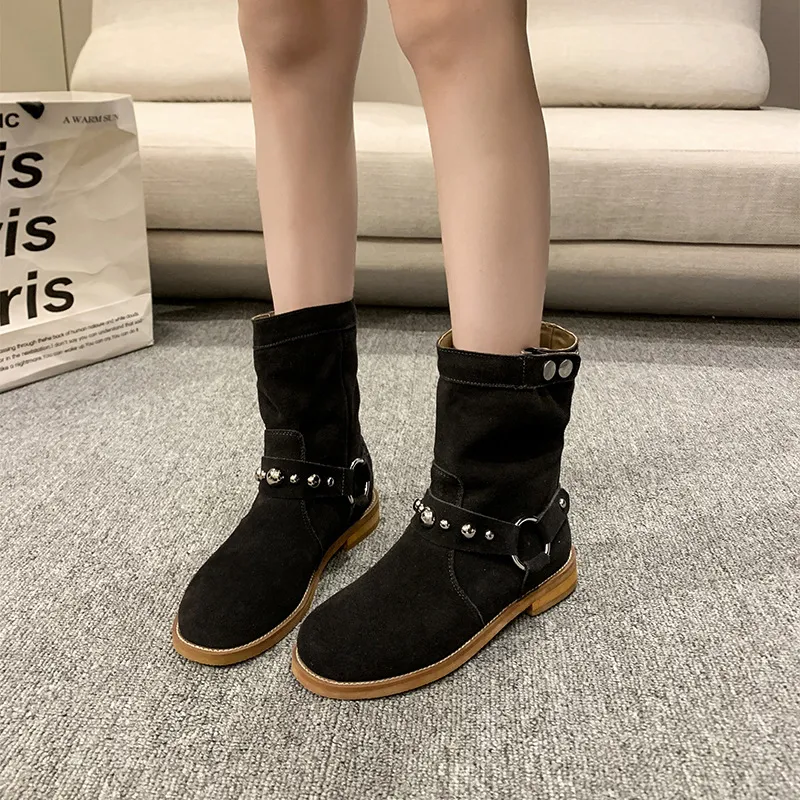 Studded Suede Mid-Calf Harness Boots, image 3