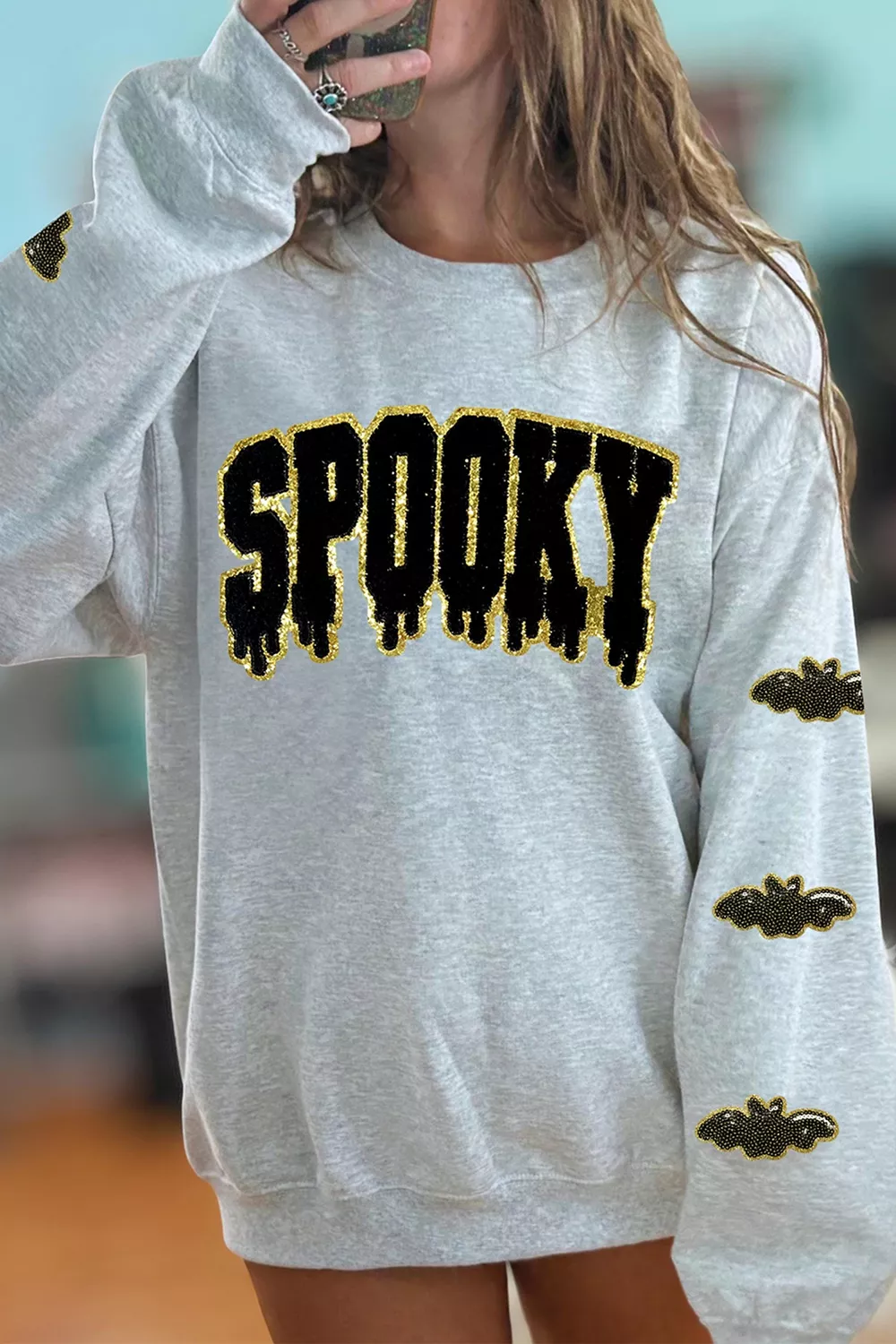 Sequin SPOOKY Halloween Bat Embellished Sleeve Pullover Sweatshirt, image 6