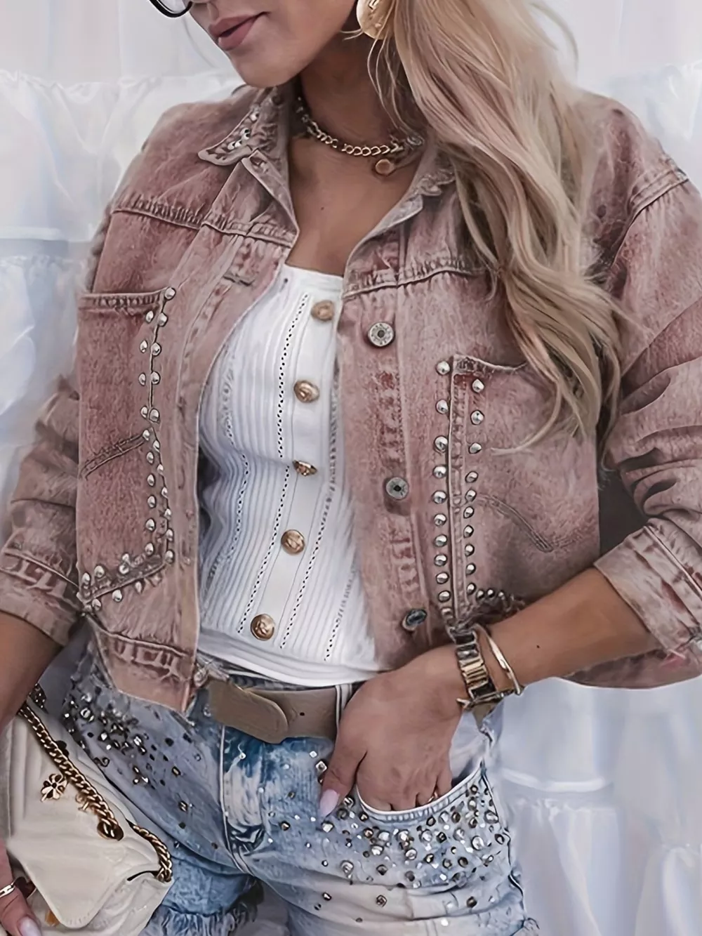 Studded Button Up Wash Denim Jacket, image 6