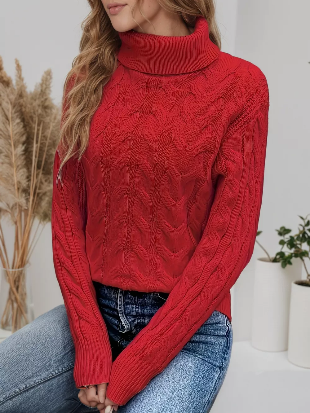 Cable Knit Turtleneck Long Sleeve Sweater, image 26