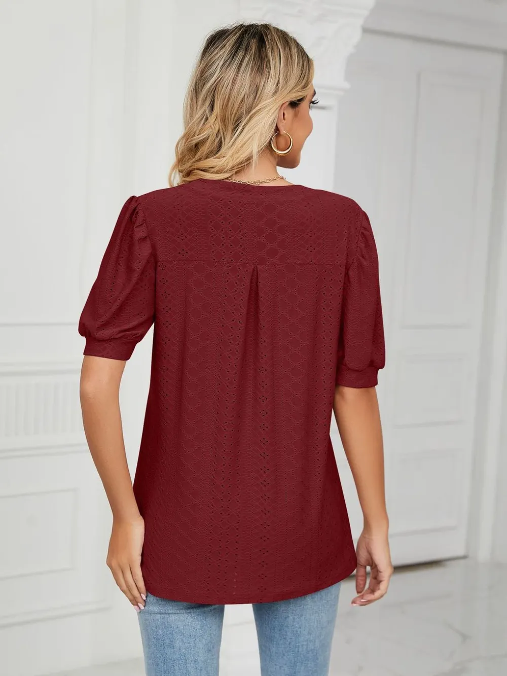 Eyelet Notched Short Sleeve T-Shirt, image 29