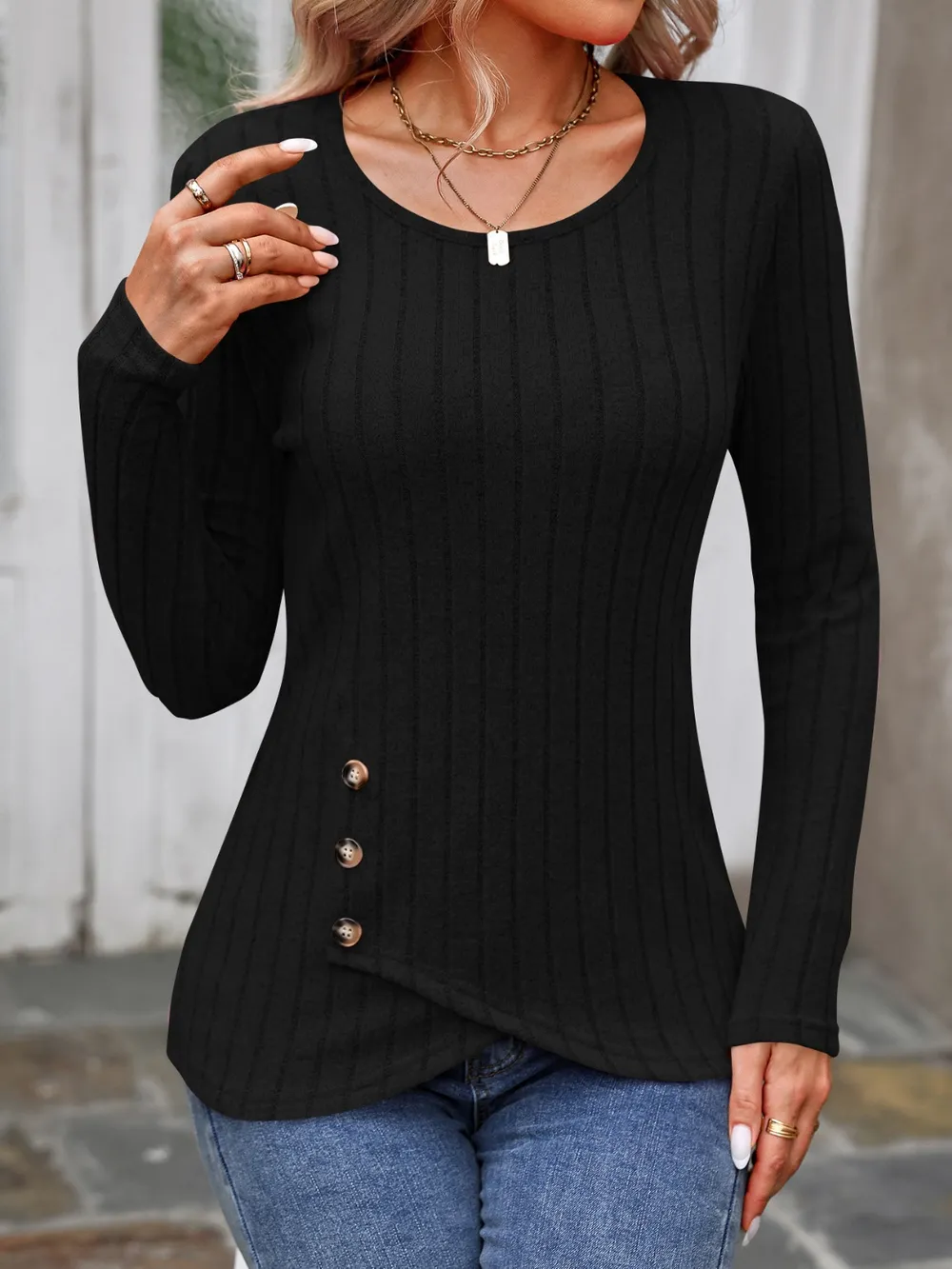 Decorative Button Round Neck Long Sleeve T-Shirt, image 12