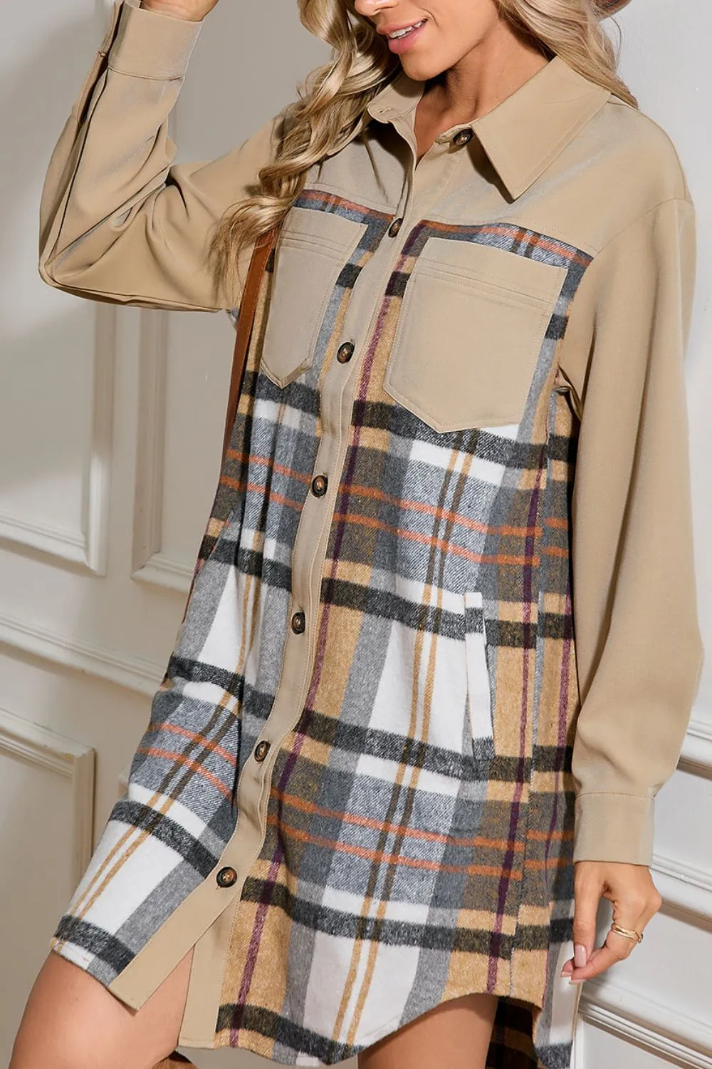 Pocketed Plaid Long Sleeve Mini Shirt Dress, image 10