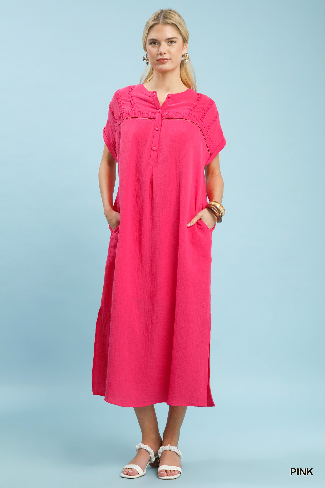Button-Front Gauze Midi Dress with Lace Detail, image 4