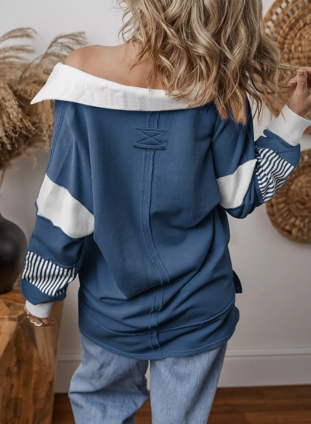 Color Block Striped Johnny Collar Sweatshirt, image 15