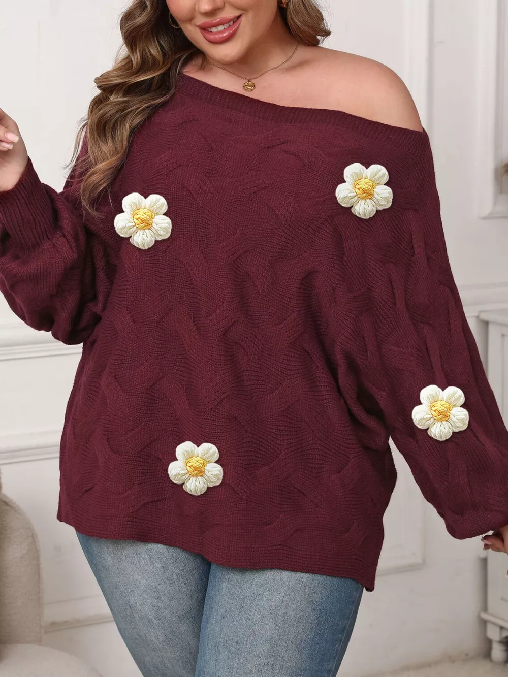 Plus Size One-Shoulder Floral Applique Sweater, image 2