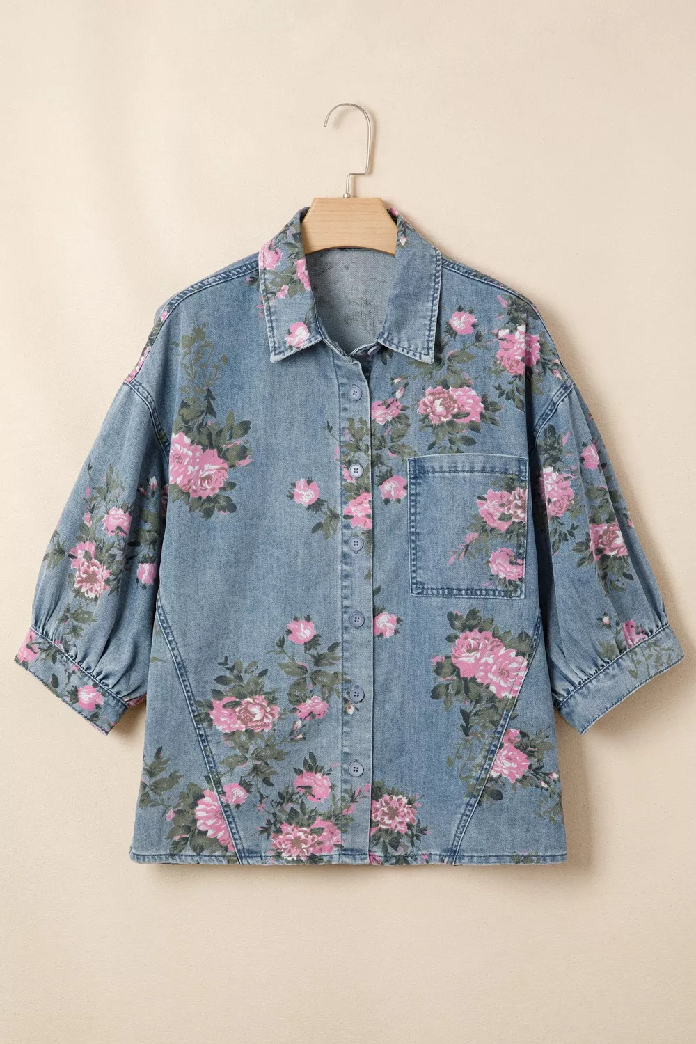Floral Print Button Up Denim Shirt, image 2