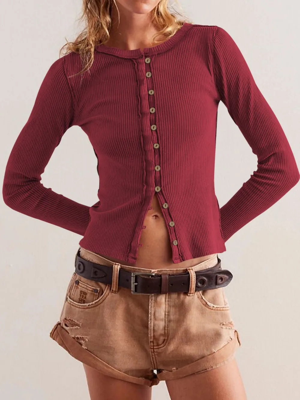 Ribbed Round Neck Long Sleeve Top, image 10