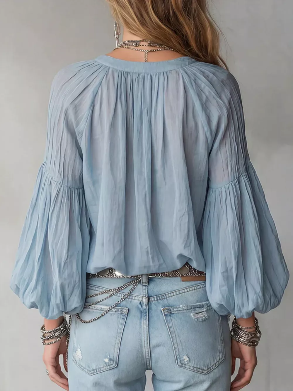 Notched Balloon Sleeve Blouse, image 5