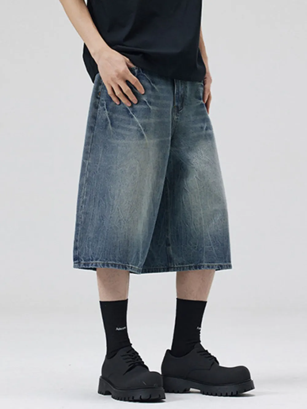 Men's Wide Leg Washed Denim Shorts, image 3